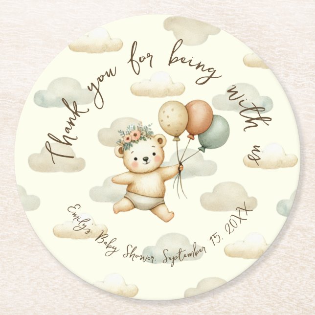 Floating Bear Adventures Baby Shower Round Paper Coaster (Front)