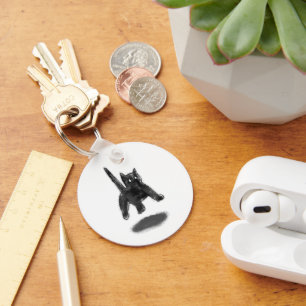 Floating Black Cat Raised Tail Pencil Art Key Ring