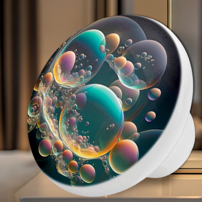 Floating Bubbles Ceramic Knob (Ceramic Knob for Bathroom - Iridescent Teal, Pink, Yellow, Purple and Black Bubbles)