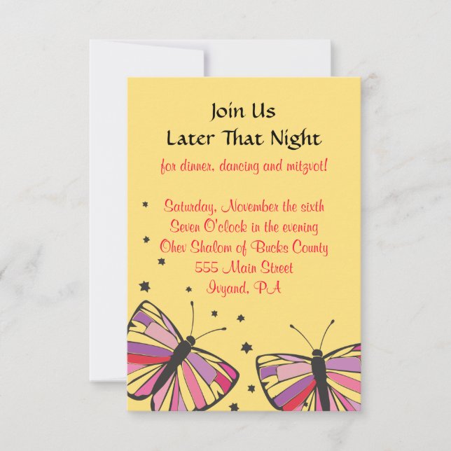 FLOATING BUTTERFLY Bat Mitzvah Reception Card (Front)