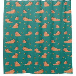 floating capybaras with orange shower curtain