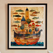 Floating Castle On A Ship Folk Art Poster