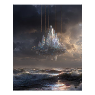 Floating Castle Over Stormy Sea Fantasy Poster