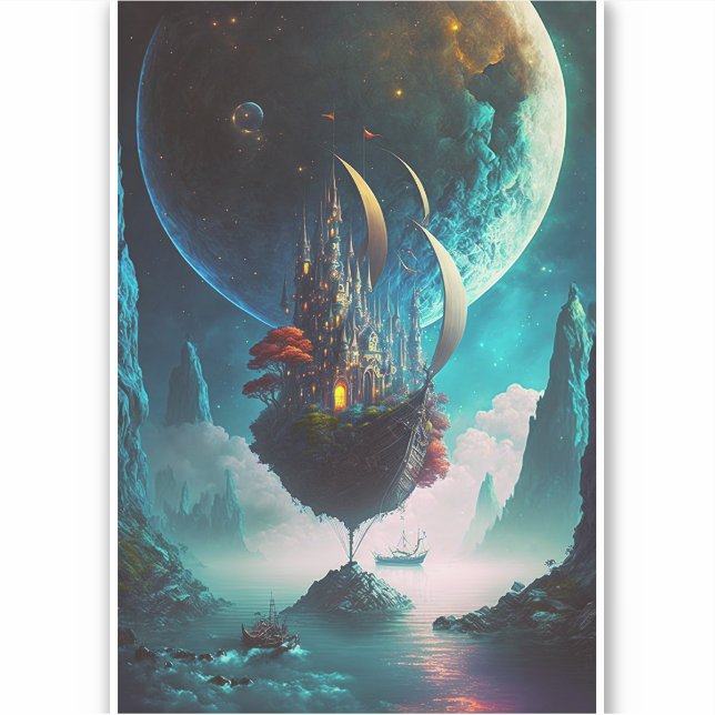 Floating Castle Ship Fantasy Art Sticker (Front)