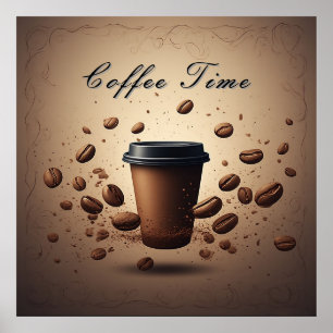 Floating Coffee Cup With Coffee Beans Poster