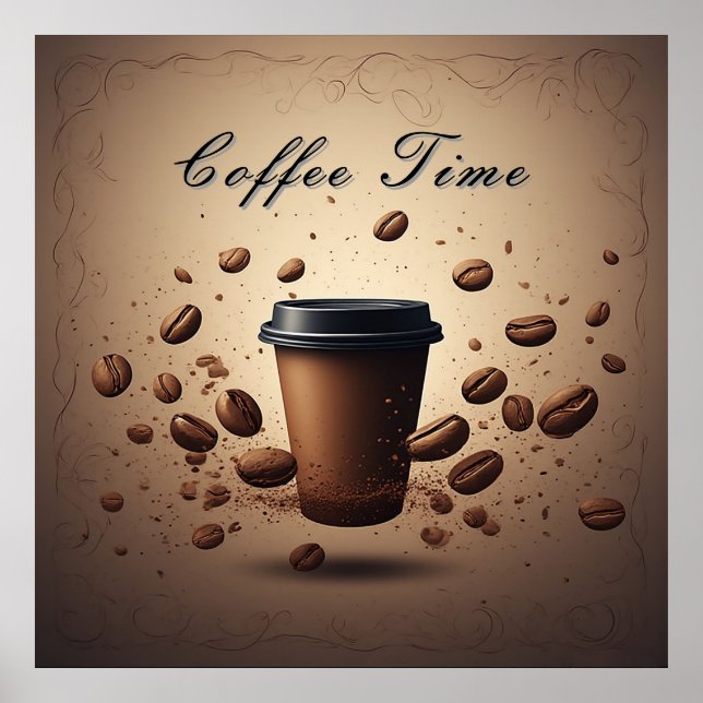 Floating Coffee Cup With Coffee Beans Poster (Front)