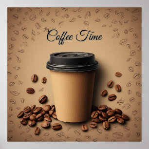 Floating Coffee Cup With Coffee Beans Poster