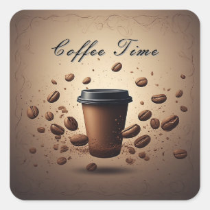 Floating Coffee Cup With Coffee Beans Square Sticker