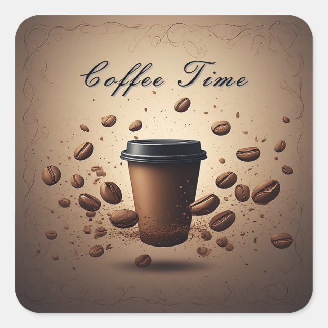 Floating Coffee Cup With Coffee Beans Square Sticker (Front)