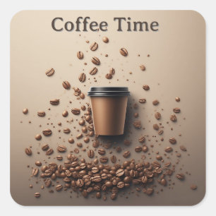 Floating Coffee Cup With Coffee Beans Square Sticker