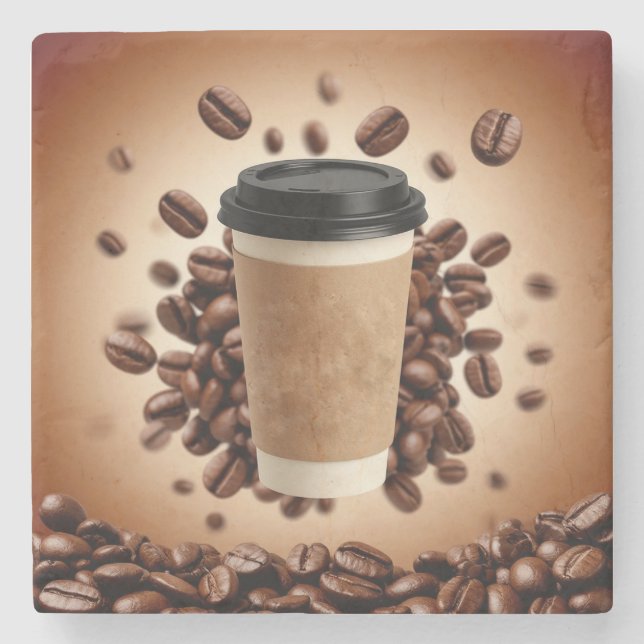 Floating Coffee Cup With Coffee Beans Stone Coaster (Front)