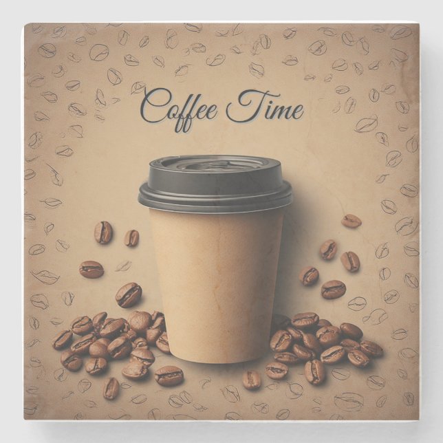 Floating Coffee Cup With Coffee Beans Stone Coaster (Front)