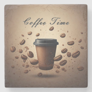 Floating Coffee Cup With Coffee Beans Stone Coaster