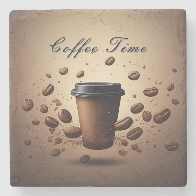 Floating Coffee Cup With Coffee Beans Stone Coaster (Front)