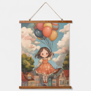 Floating Dreams: A Girl’s Balloon Adventure Hanging Tapestry