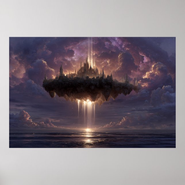 Floating Fantasy Castle Cloud Beams Glow Poster (Front)