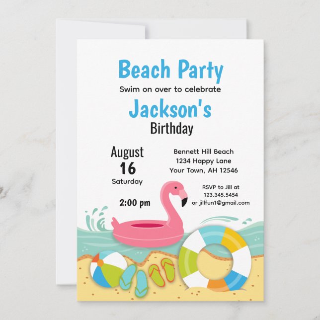 Floating Flamingo Beach Party Birthday Invitation (Front)