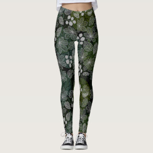 Floating Flowers and Leaves Pattern Black BG Leggings
