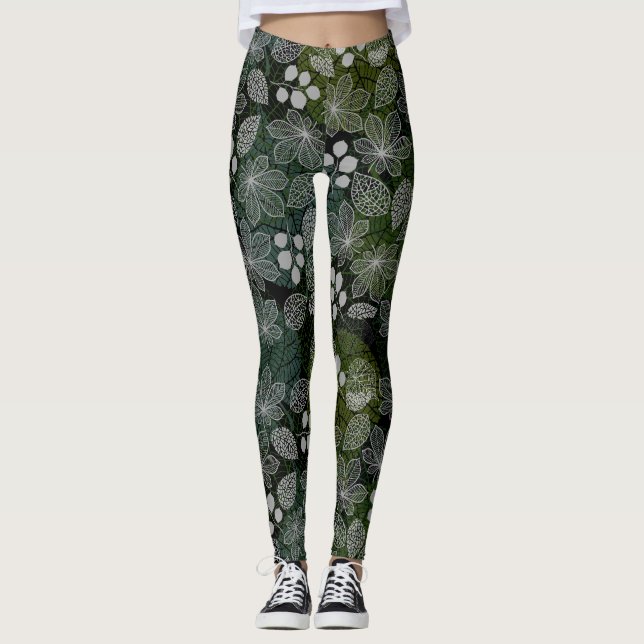 Floating Flowers and Leaves Pattern Black BG Leggings (Front)