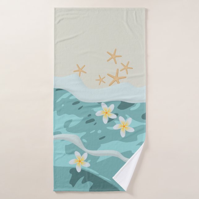 Floating Frangipanis on Beach Wave Meet Starfishes Bath Towel (Bath Towel)