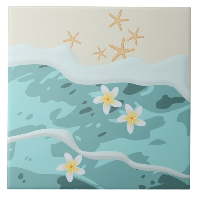 Floating Frangipanis on Beach Wave Meet Starfishes Ceramic Tile (Front)