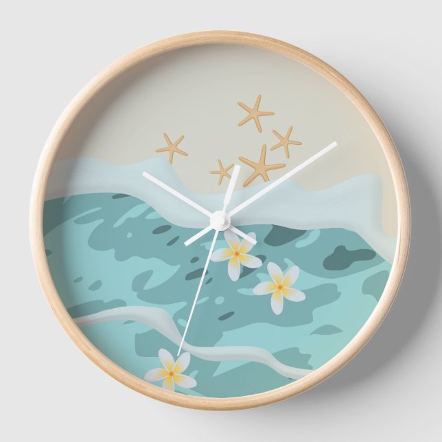 Floating Frangipanis on Beach Wave Meet Starfishes Clock (Front)
