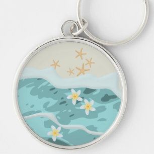 Floating Frangipanis on Beach Wave Meet Starfishes Key Ring