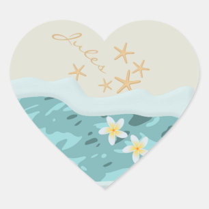 Floating Frangipanis on Beach Wave Starfishes Name Heart Sticker