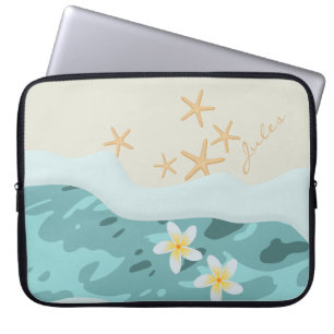 Floating Frangipanis on Beach Wave Starfishes Name Laptop Sleeve