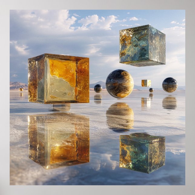 Floating Geometric Marvels Over Water Poster (Front)