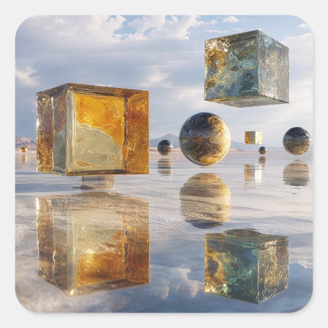 Floating Geometric Marvels Over Water Square Sticker (Front)