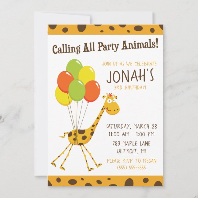 Floating Giraffe with Balloons Birthday Party Invitation (Front)