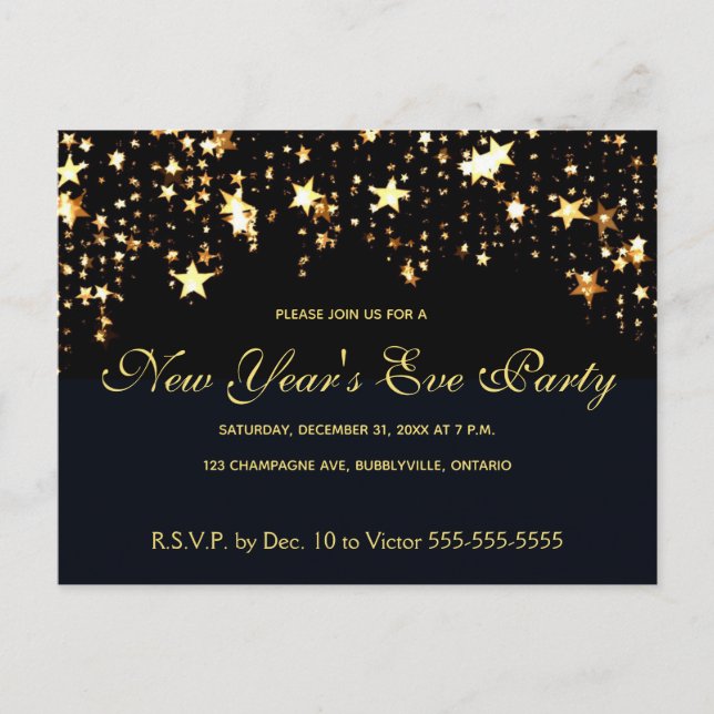 Floating Gold Stars and Dots New Year's Eve Party Invitation Postcard (Front)