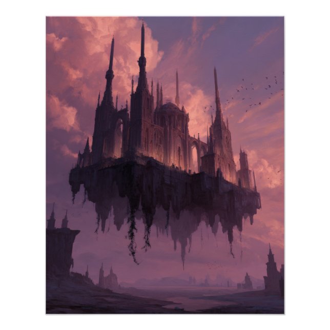 Floating Gothic Castle in Rose Twilight Poster (Front)