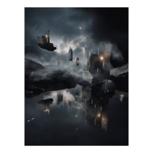 Floating Gothic Ruins Cosmic Mirror Night Photo Print