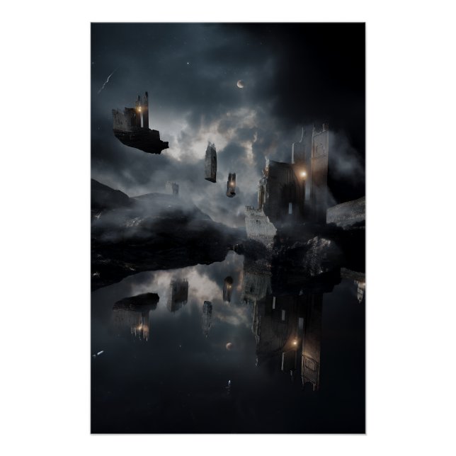 Floating Gothic Ruins Cosmic Mirror Night Poster (Front)