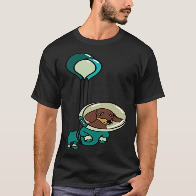 Floating Green Astronaut Dachshund with Balloons T-Shirt (Front)