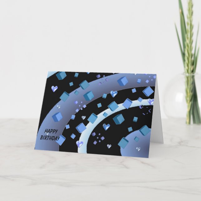 Floating Hearts and Cubes Birthday Card (Front)