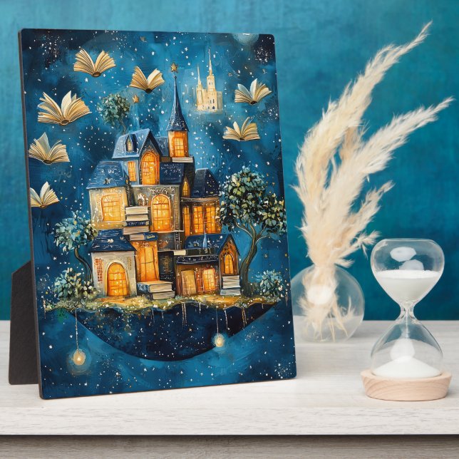 Floating House of Books Fantasy Tabletop Art Plaque (Side)