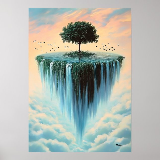 Floating Island with Tree and Waterfalls – Surreal Poster (Front)