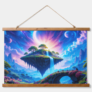 Floating Island with Waterfall and Crescent Moon Hanging Tapestry