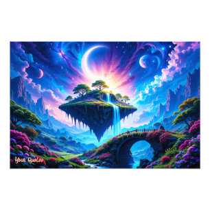 Floating Island with Waterfall and Crescent Moon Photo Print