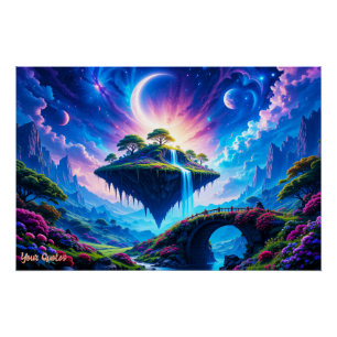 Floating Island with Waterfall and Crescent Moon Poster