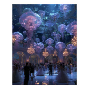 Floating Jellyfish Lights Dream City Art Poster