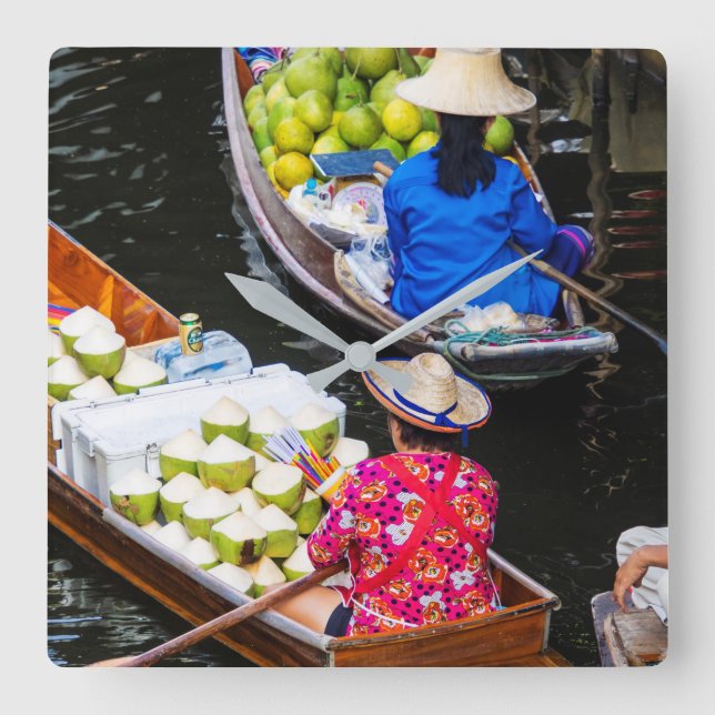 Floating Market in Bangkok Square Wall Clock (Front)