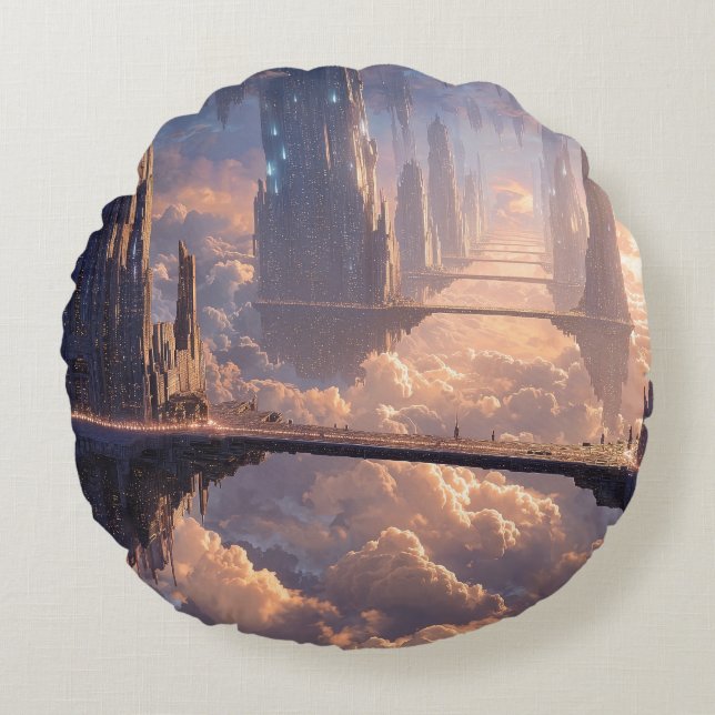 Floating Metropolis in the Clouds Round Cushion (Front)