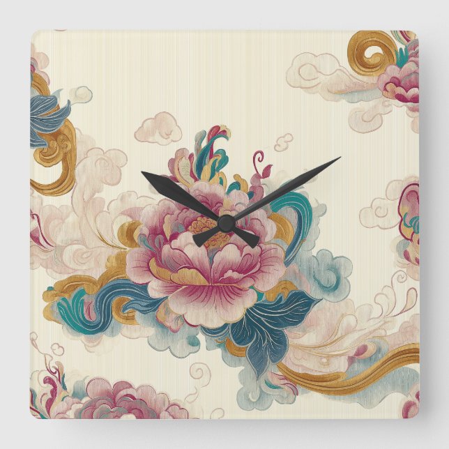 Floating Peony Square Wall Clock (Front)