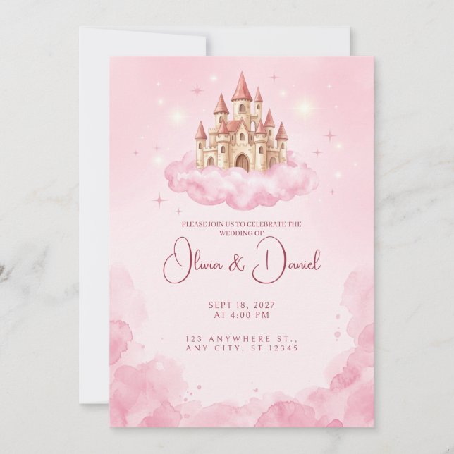 Floating Pink Castle Cloud Wedding Invitation (Front)