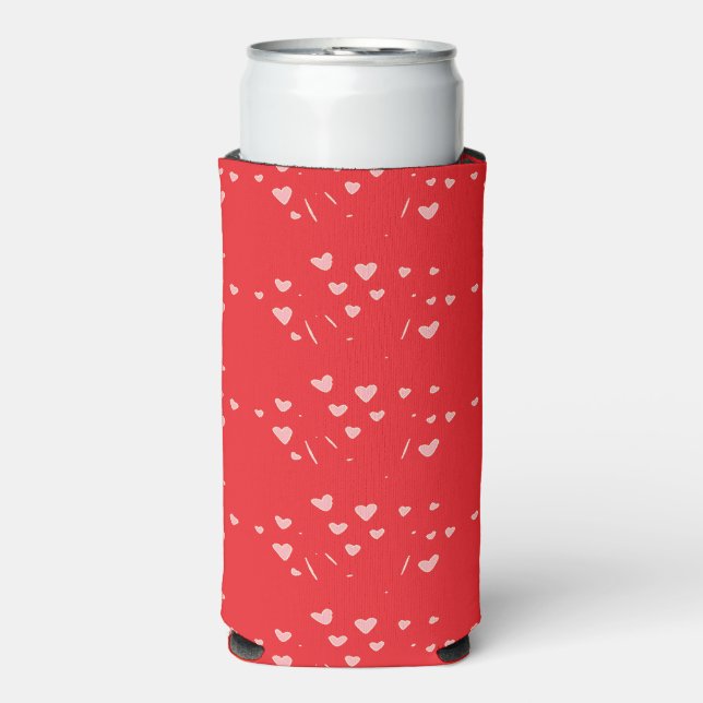 Floating pink hearts pattern on red  seltzer can cooler (Seltzer Front)