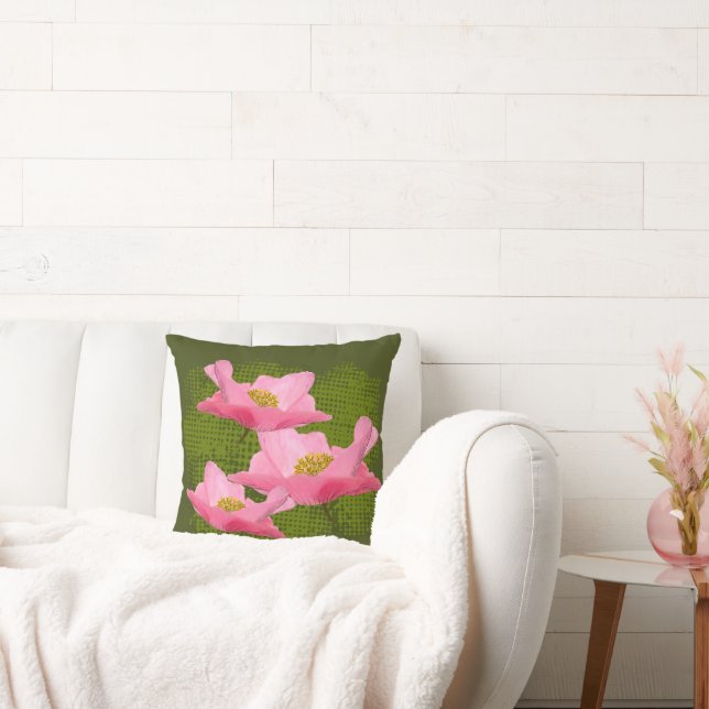 Floating Pink Poppies Over Green Background Cushion (Couch)